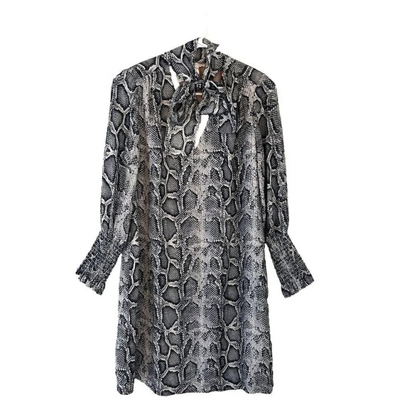 Rebecca Taylor Womens Black Gray Shift Dress 2 Long Sleeve Tie Neck Snake Print - Picture 1 of 11